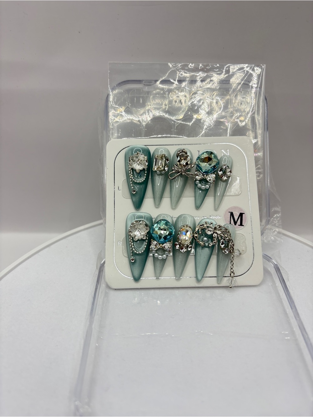 Custom Handmade Teal Crystal Embellished Stiletto Press-On Nails